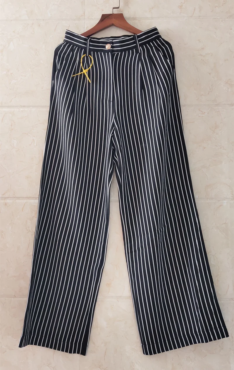 Women's Wide Leg Pants 2021 Runway Fashion Elegant High Waist Striped Full Length Black Pants Women Trousers