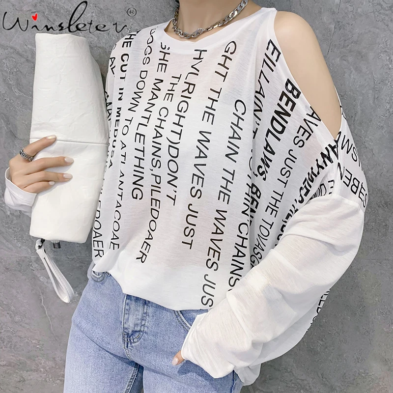 

Fall European Clothes Cotton Loose T-Shirt Sexy Off Shoulder Print Letters Women Tops Casual Long Sleeve All Match Tees T17224A