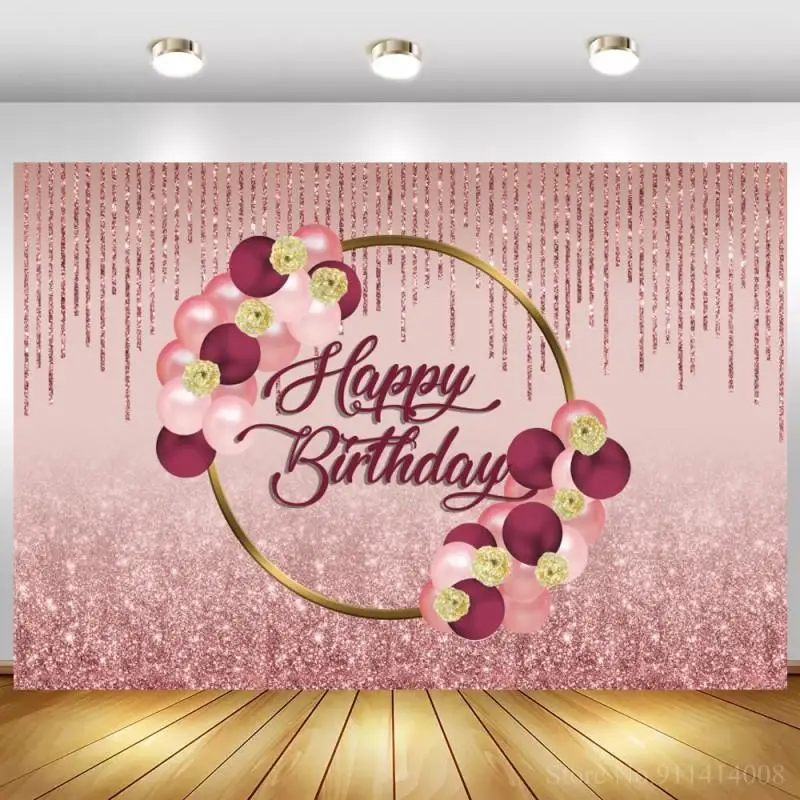 

Glitter Happy Birthday Backdrop Pink Shiny Rose Birthday Background for Girls Balloons Gold Ring Women Birthday Backdrops