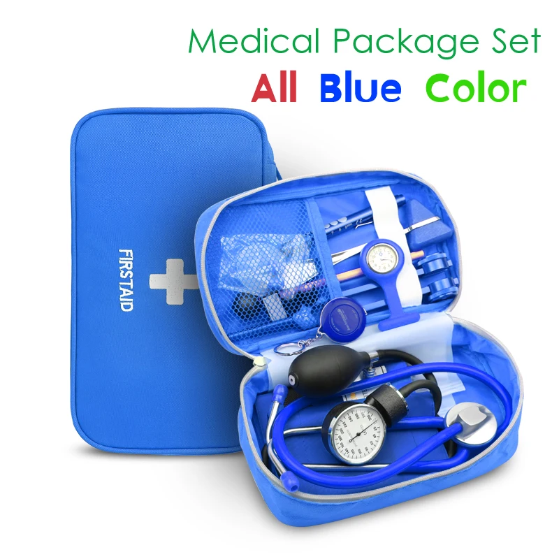 Classic Blue Medical Kits Health Bag Pouch Set with Stethoscope Manometer Tuning Fork Reflex Hammer LED First Aid Penlight Torch