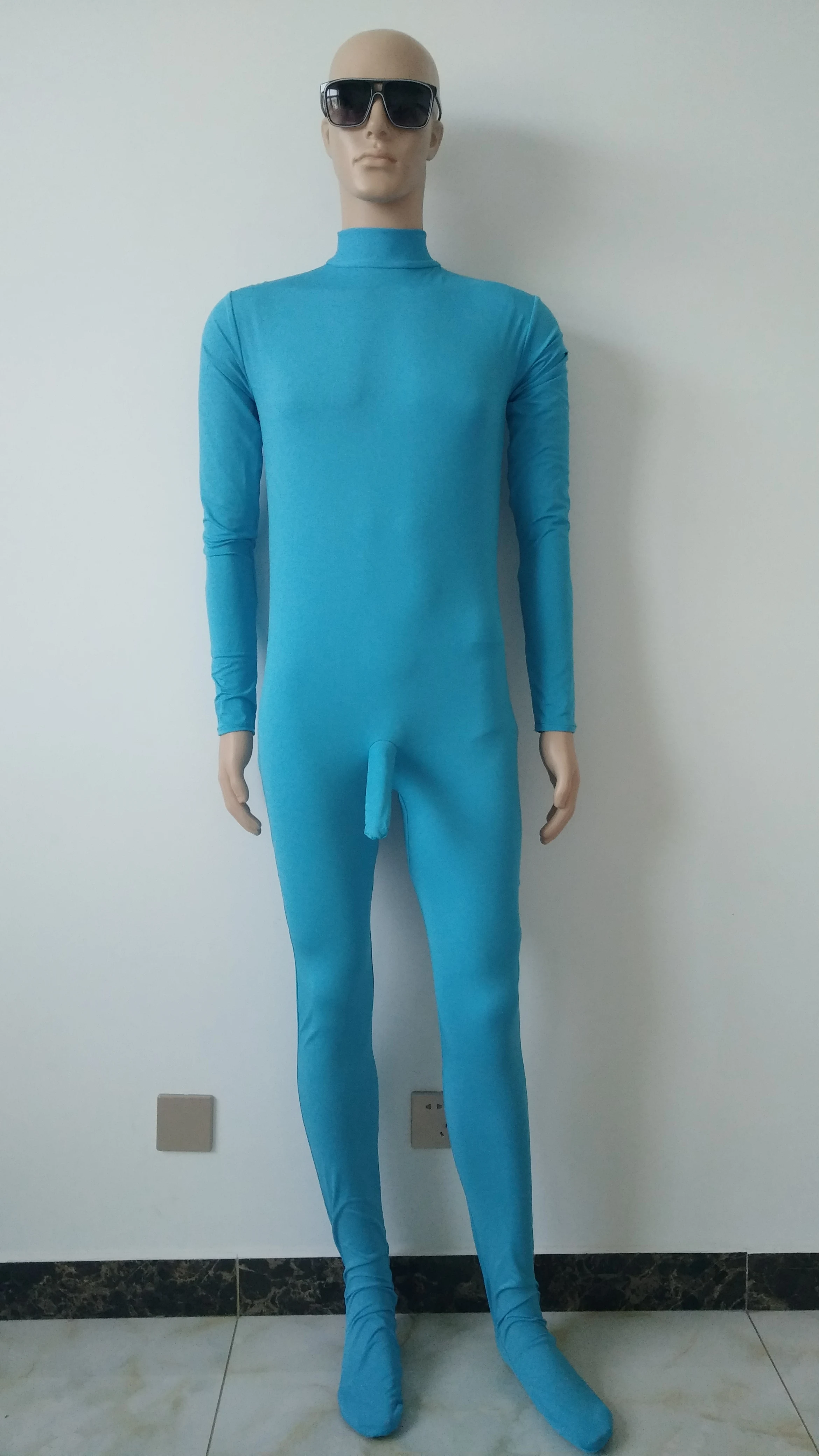 Новый соблазнительный мужской комбинезон кошка цвета озера синего из спандекса