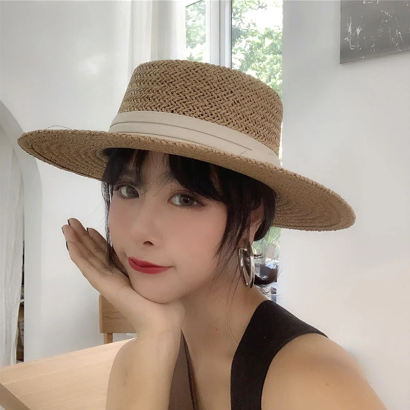 

Flat-top straw hat temperament casual hats for women female summer seaside big brim sun-shading vacation wild sombreros de mujer