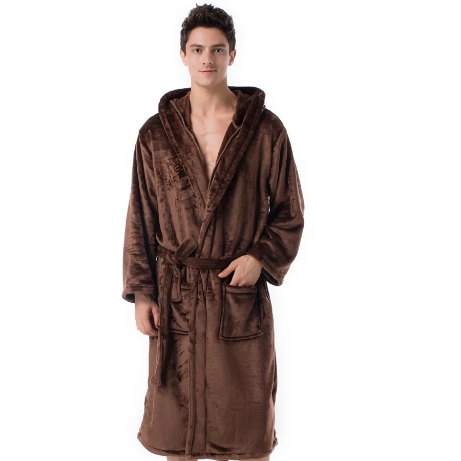 

Men Flannel Robes Navy Blue Hooded Bathrobe with Sashes Winter Soft 2XL Indoor Homewear Long Adult Pockets Pajamas Sleepwear