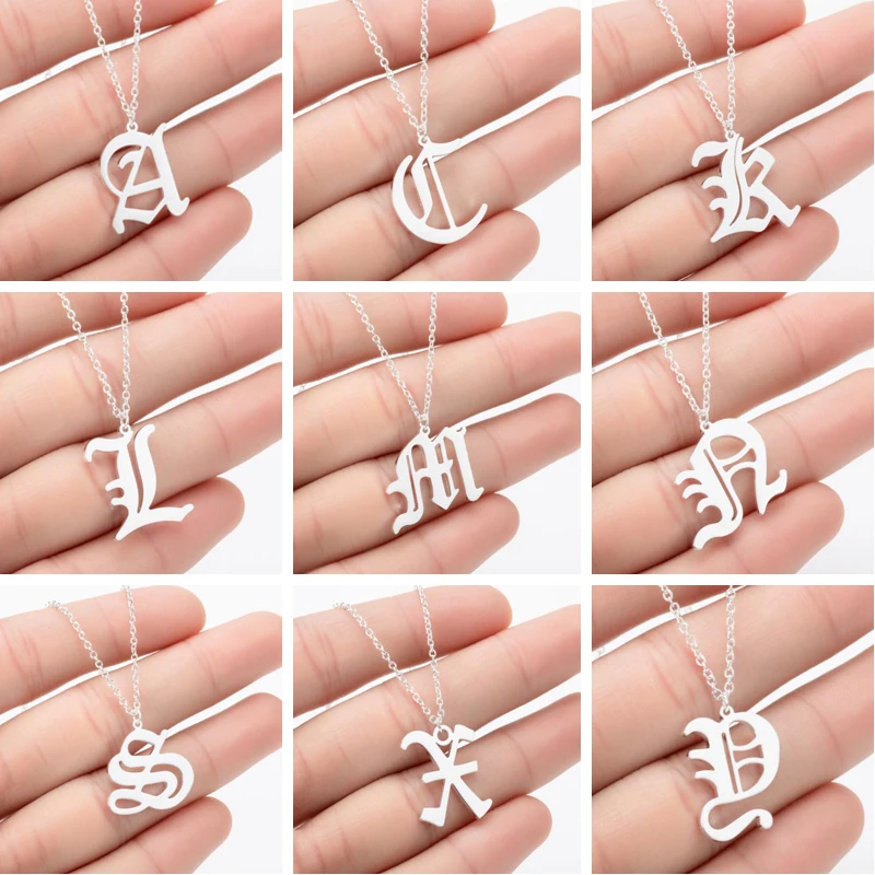 SMJEL Gothic Initial Letter Necklace Stainless Steel Jewelry Ancient Old English Letter Necklaces Alphabet Personalize Jewelry