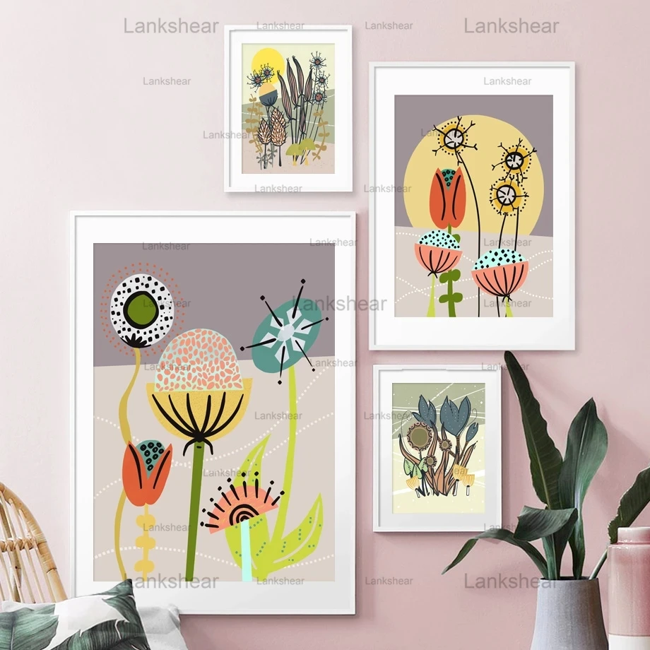 

Nursery Wall Art Canvas Painting Lotus Sunflower Tree Cartoon Nordic Posters and Prints Wall Pictures Girl Boy Kids Room Decor