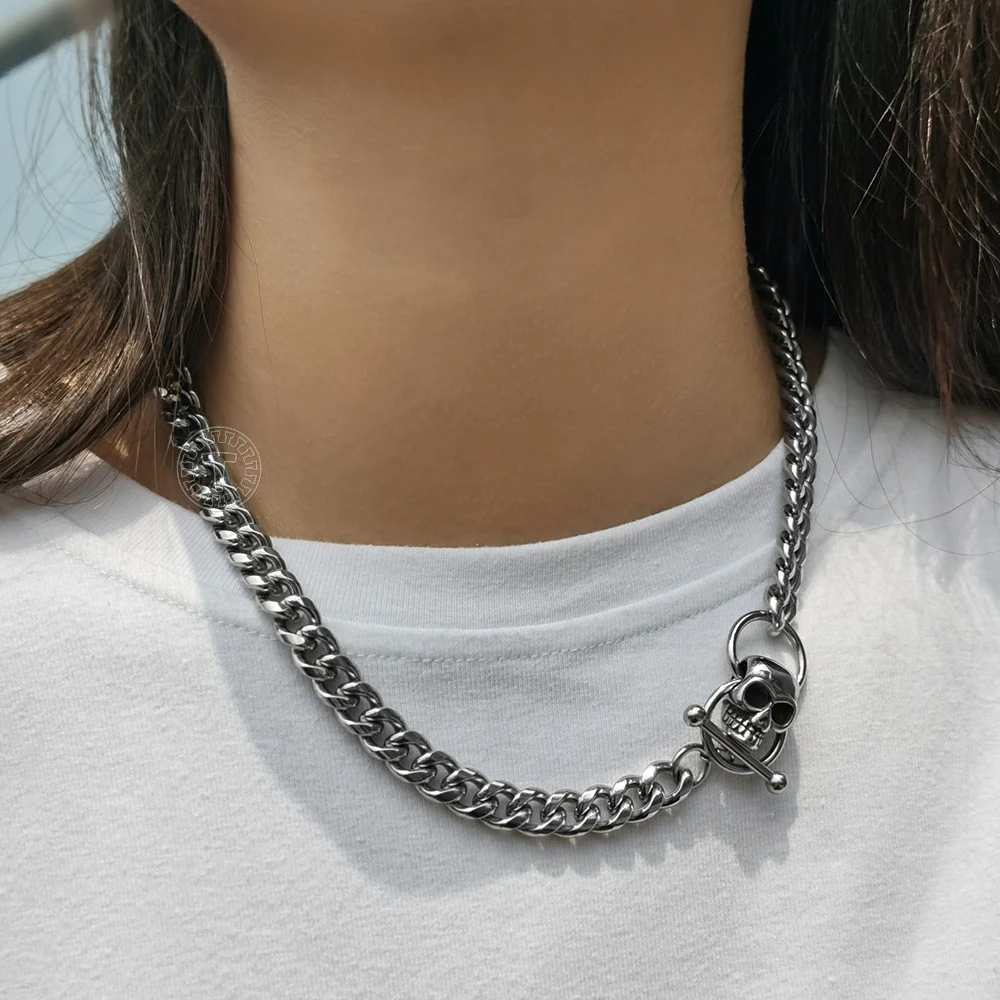 Chunky Stainless Steel Big Skull Charm Necklace for Men Women Cuban Curb Link Chain Toggle Clasp Punk Gothic Jewelry Gift DN263 | Украшения