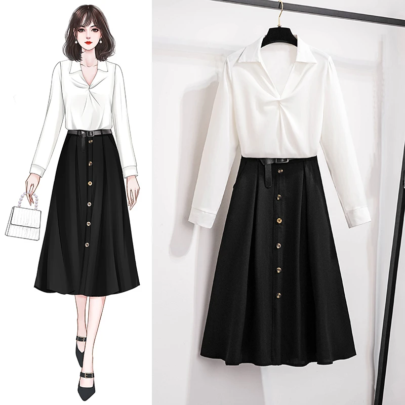 

2021 Spring New Suit White Long Sleeves Chiffon Blouse Shirt Long Black Skirt Joker Two-Piece Outfit Office Lady Set Clothing