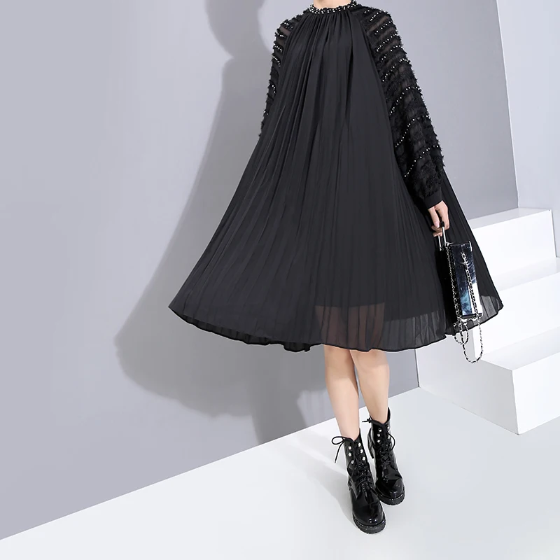 * Новое однотонное черное 2019 Женское зимнее модное плиссированное платье и пояс