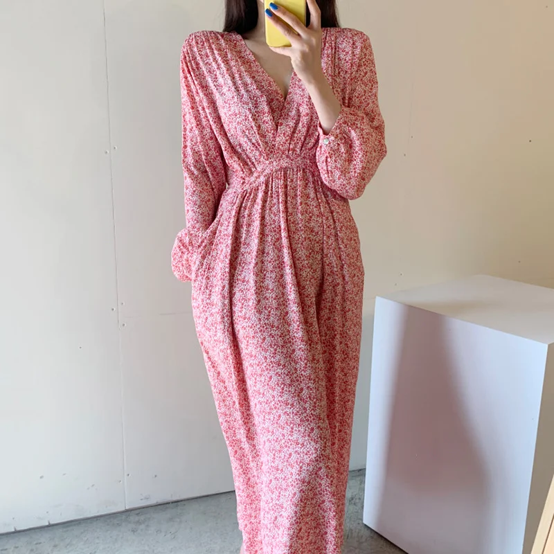 

Korean Chic Sweet Romantic V-neck dress woman Cross Show Thin High Waist Loose Double Pocket Design Floral Dress Long Skirt