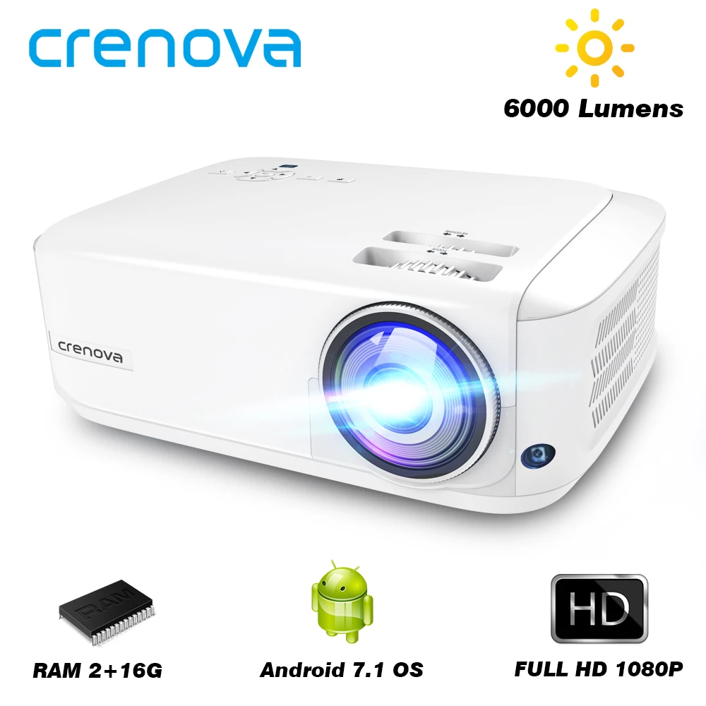CRENOVA новейший Full HD 1080P Android 7.1OS проектор с Wi-Fi Bluetooth 6000 люмен яркость видео проектор(2G 16G