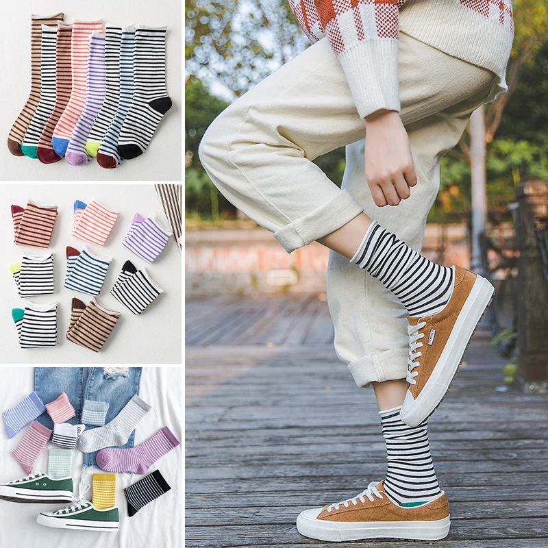 

New Colorful Rainbow Striped Tube Socks Cotton Dropshop Harajuku Kawaii Happy Fashion Deodorant Funny Casual Loose Women Socks