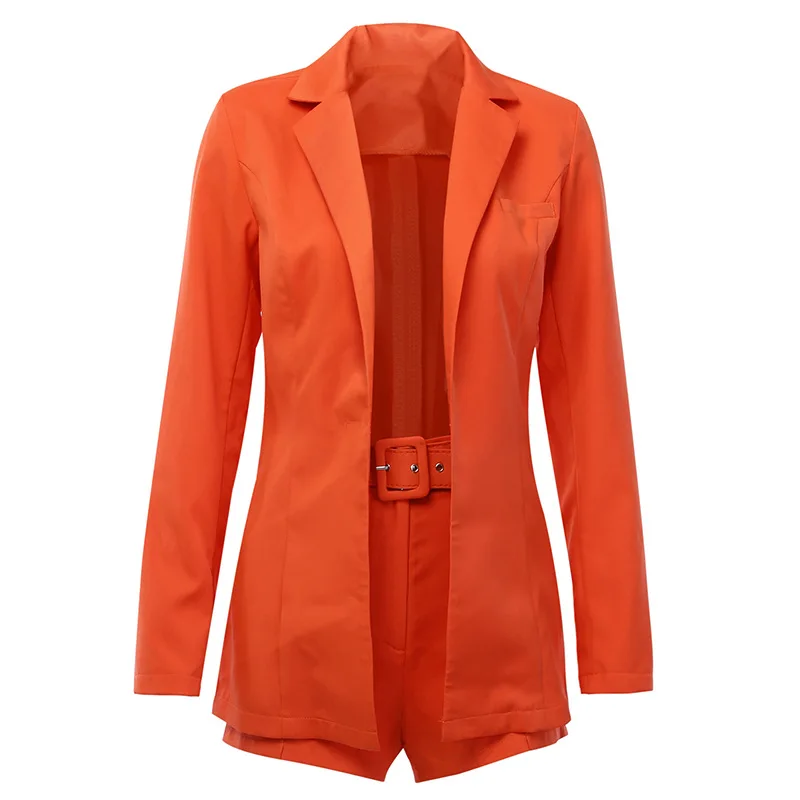 

2 Pieces Set Blazer and Shorts for Women Fashion Suits Orange Yellow Female with Waist Belt Two Piece Sets Ladies Work Wear New