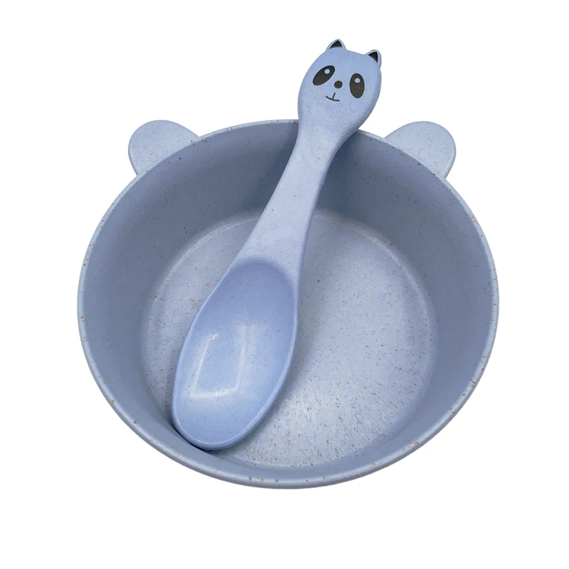 Blue Panda Set 2 шт./компл. для детских бутылочек, Еда посуда пшеницы с мультипликационным принтом в виде милых ушек детская посуда для еды набор посуды с защитой от перегрева обучение чаша+ ложка - Цвет: Blue Panda Set