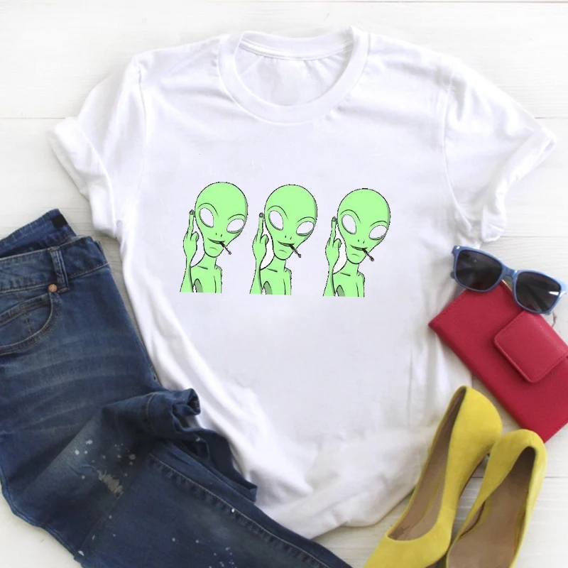 

Women Flower Alien Face Watercolor Cartoon Fashion Ladies Summer T Tee Female Top Shirt Clothes Tshirt Womens Graphic T-shirt