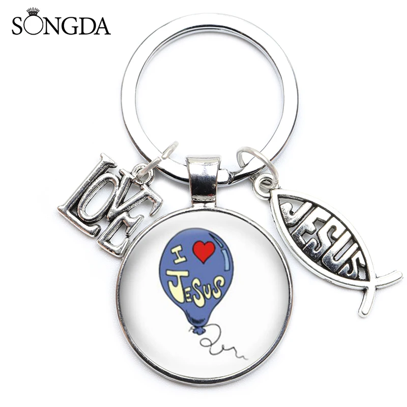 

Saint Benedict Medallion Keychain I LOVE JESUS Glass Art Photo Heart Pattern Handcraft Key Chain Keyring for Jewelry Accessories