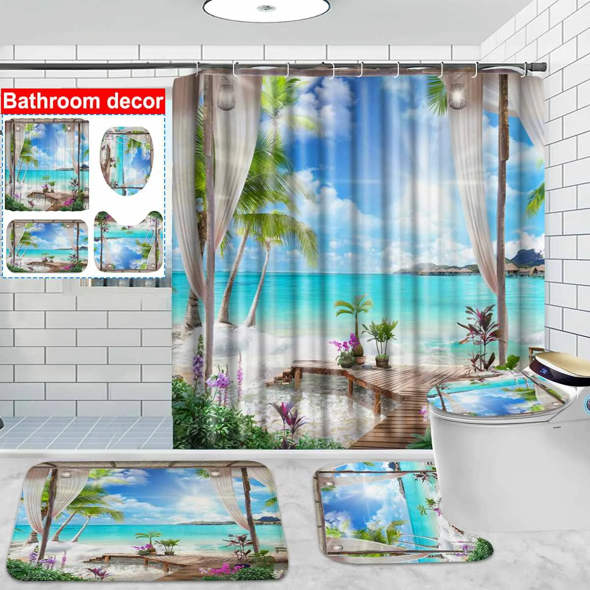 Modern 3D Printing Beach Scenery Shower Curtain Summer Ocean Bathroom Curtains With Hooks Anti-Skid Rugs Toilet Cover Bath Mats
