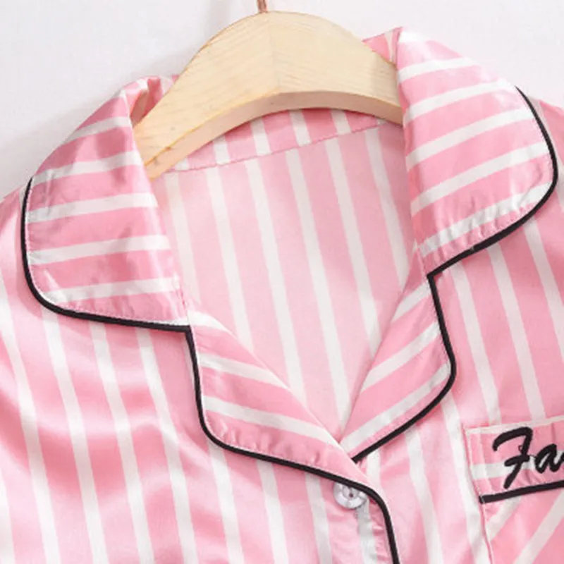 2020 Band Pink Women's 7 Pieces Pajamas Sets Emulation Silk Striped Pyjama Women Sleepwear Sets Spring Summer Autumn Homewear
