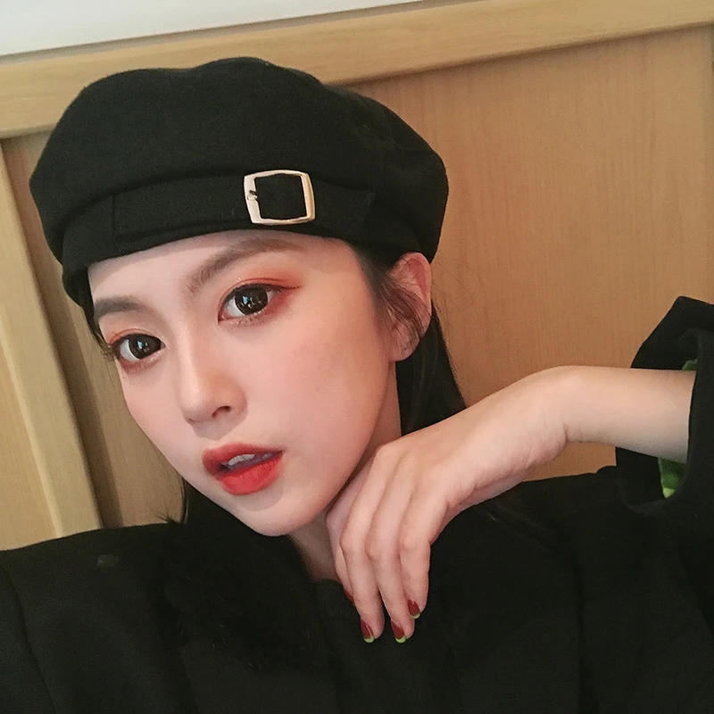 Новый осенне зимний модный берет с металлической пряжкой Женские однотонные