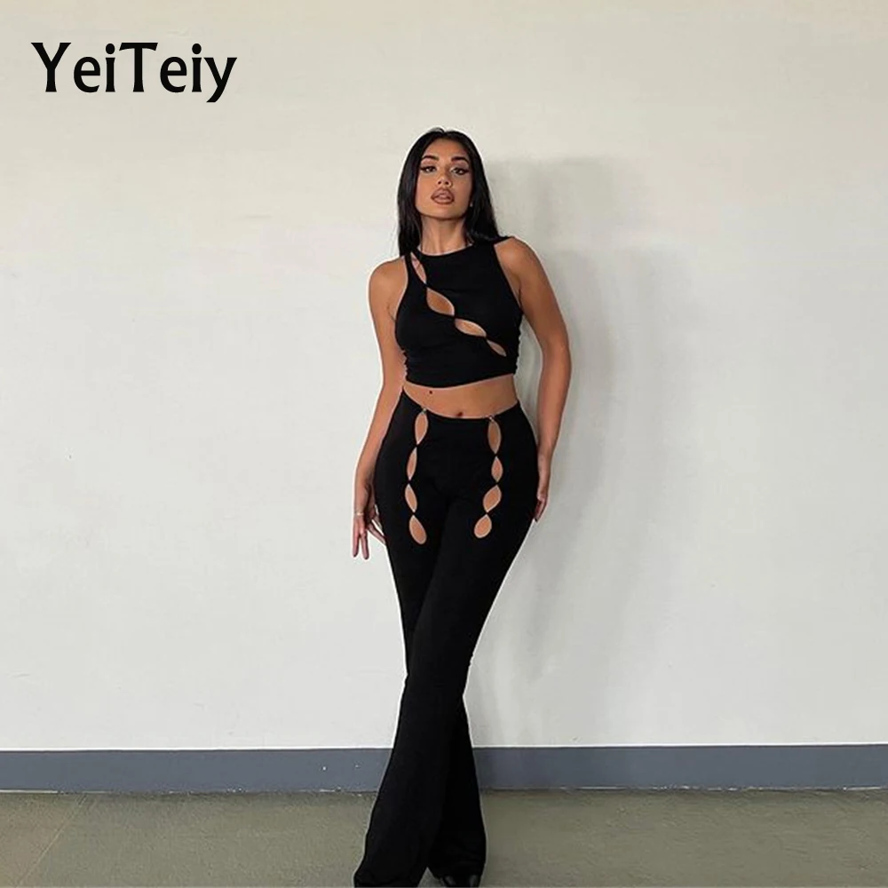 

Женский однотонный костюм Yeiteiy из двух предметов, летний короткий топ без рукавов с круглым вырезом, эластичные расклешенные брюки, сексуал...