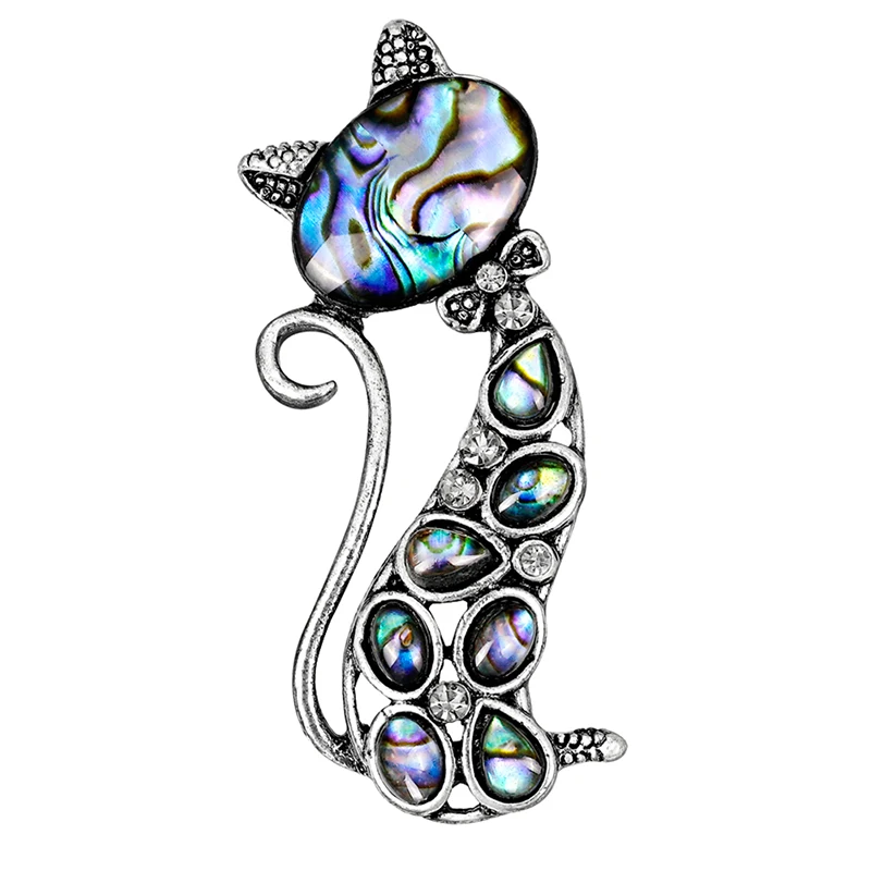 

Natural Rhinestone Natural Abalone Shell Cat Brooches Water droplets Alloy Metal Cat Animal Banquet Weddings Brooch Gifts