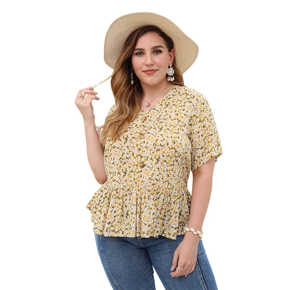 

2021 New Women Fashion Summer Short Sleeve Floral Print V-Neck Casual Loose Top Blouse Button Down Shirt Lady Plus Size Tops