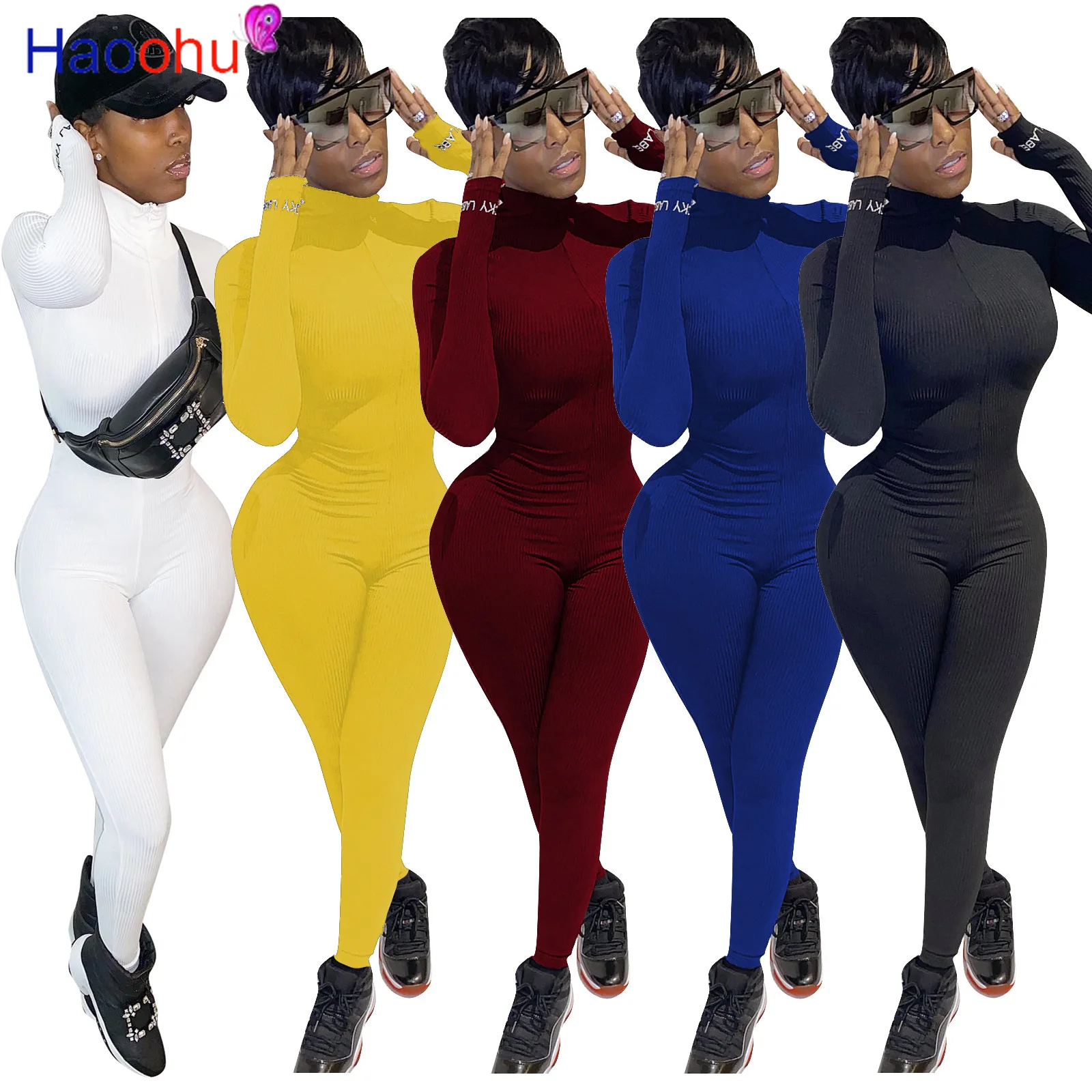 

Женский спортивный комбинезон HAOOHU, ребристый комбинезон с длинным рукавом, на молнии