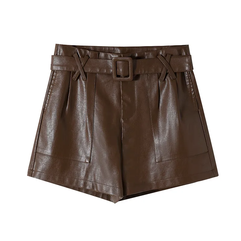 

PU Leather Pockets Shorts Autumn Winter Women High Waist PU Shorts Girls A-line Faux Leather Shorts Bottoms With Belts
