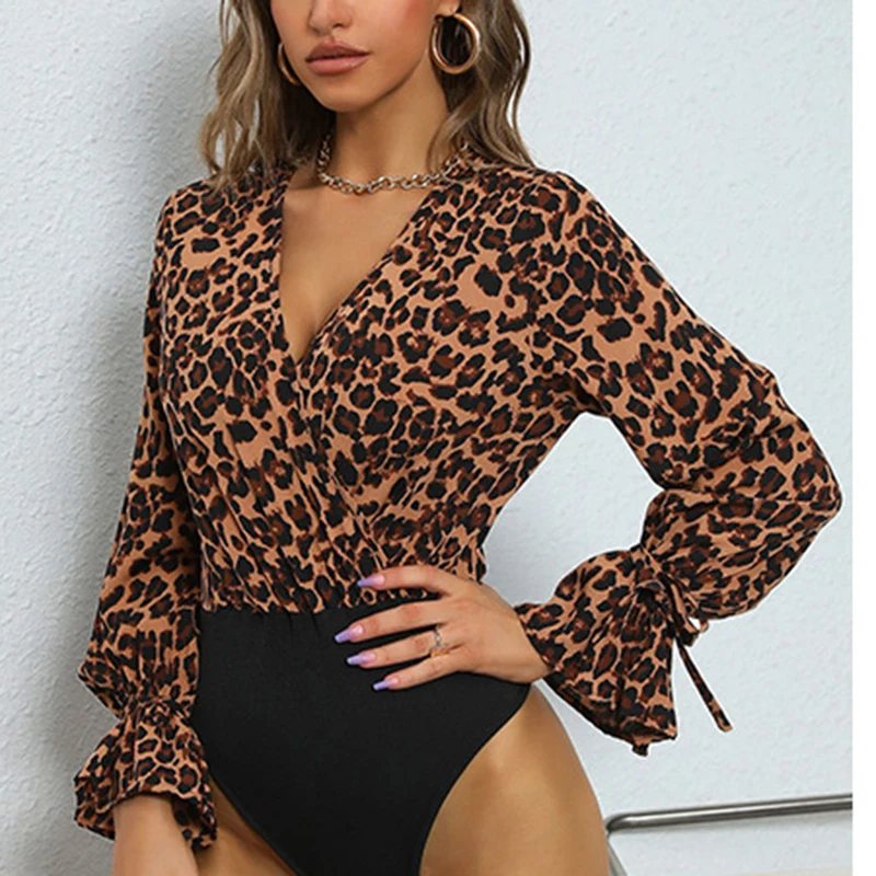 

V-Neck Pullover Bodysuit Women Tight Sexy Leopard Print 2021 Spring Autumn Full Sleeve Lace Up Casual Loose Femme Romper SJ8806V