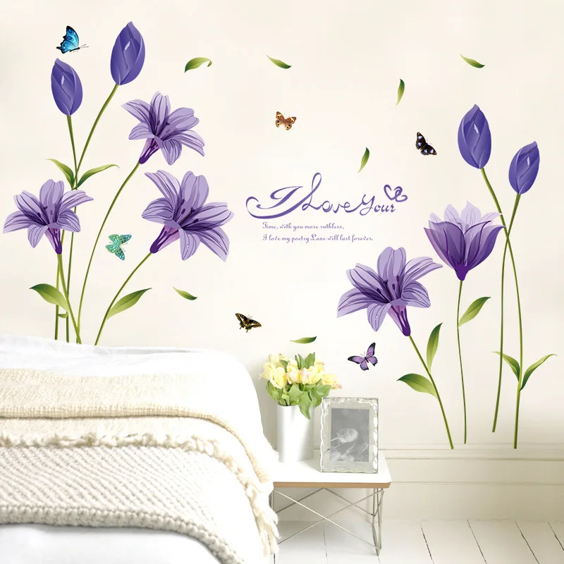 romantic purple lily flower wall sticker tv sofa decoration art vinyl home decor beautiful flower wallpaper butterfly wall decal free global shipping