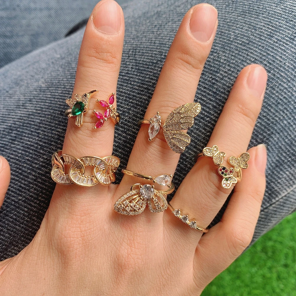 

10PCS, New Accessories Zirconia Butterfly Bird Animal Rings For Women Crystal Chain Wedding Engagement Open Rings