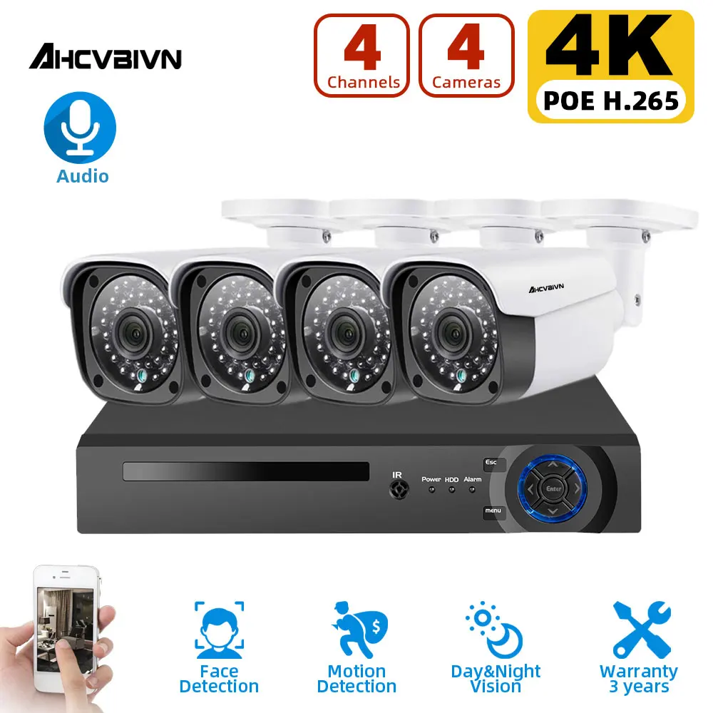 

Комплект уличных IP-камер AHCVBIVN 4K Ultra HD POE, 8 каналов, цилиндрическая система безопасности, 8 Мп H.265 NVR, аудиозапись, комплект видеонаблюдения