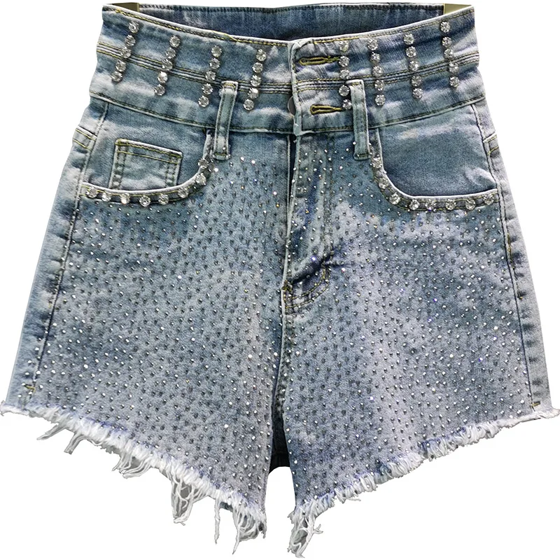 

Rhinestone beaded denim women shorts high waist sexy slim club dance hot shorts female tassel shorts top quality