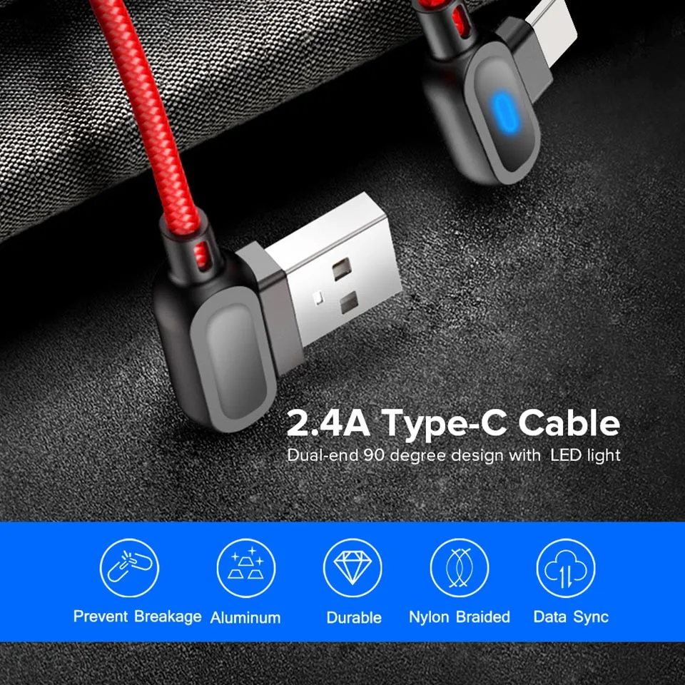 Venroii кабель usb type C 1 м светодиодный кабель для быстрой зарядки и синхронизации данных для samsung huawei Xiaomi 90 градусов Android мобильный телефон игры Kable