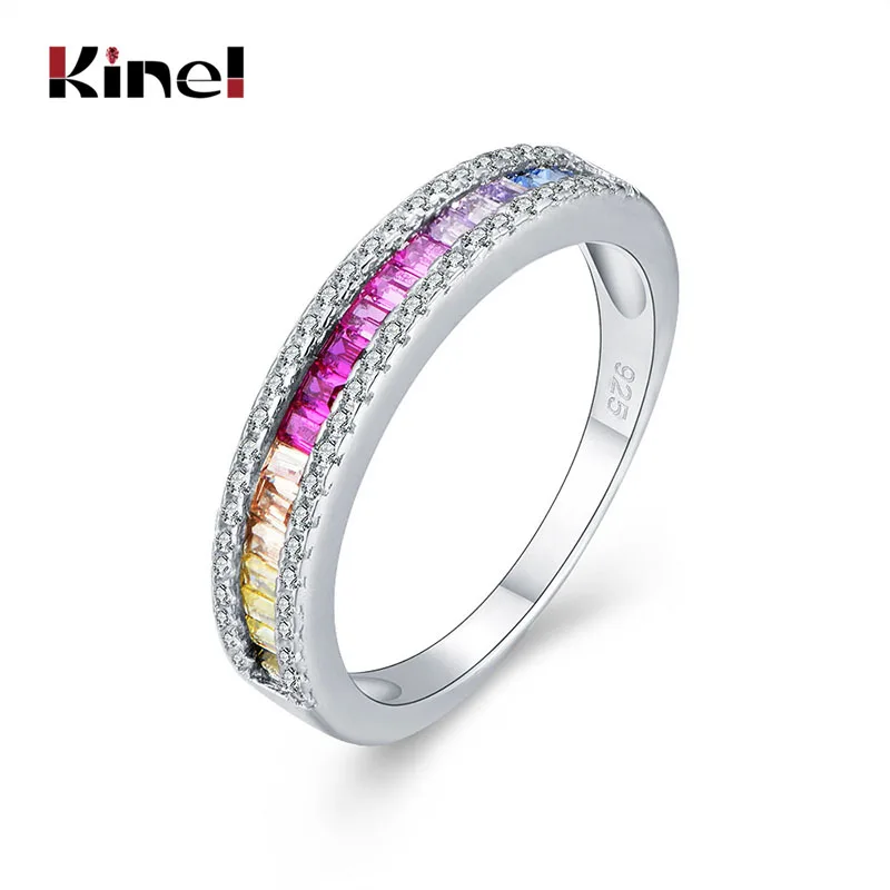 

Kinel Real 925 Sterling Silver Various Colors Square Colorized Crystal Rings for Women CZ Fashion Jewelry Ladies Wedding Accesso