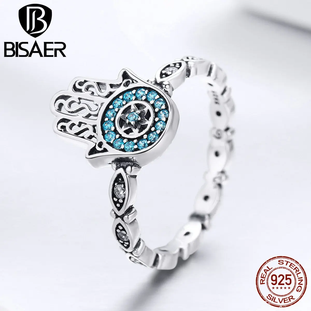BISAER 925 пробы Серебряное кольцо с голубым глазом Anel Hamsa для женщин, винтажное обручальное кольцо Fatima, ювелирные изделия ECR369