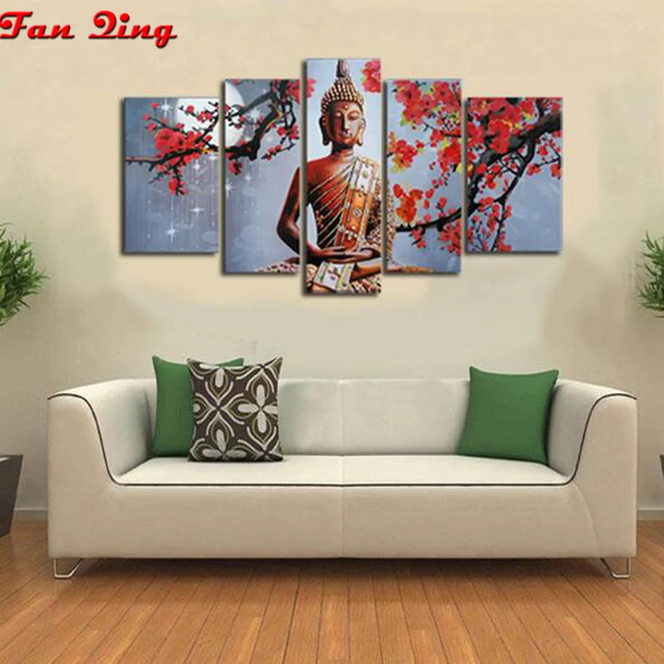

Diamond Painting Buddha Plum Blossom Wall Sticker 5Pcs Picture Scenery 5D Full Round Drill Cross Stitch Home Decor Embroidery