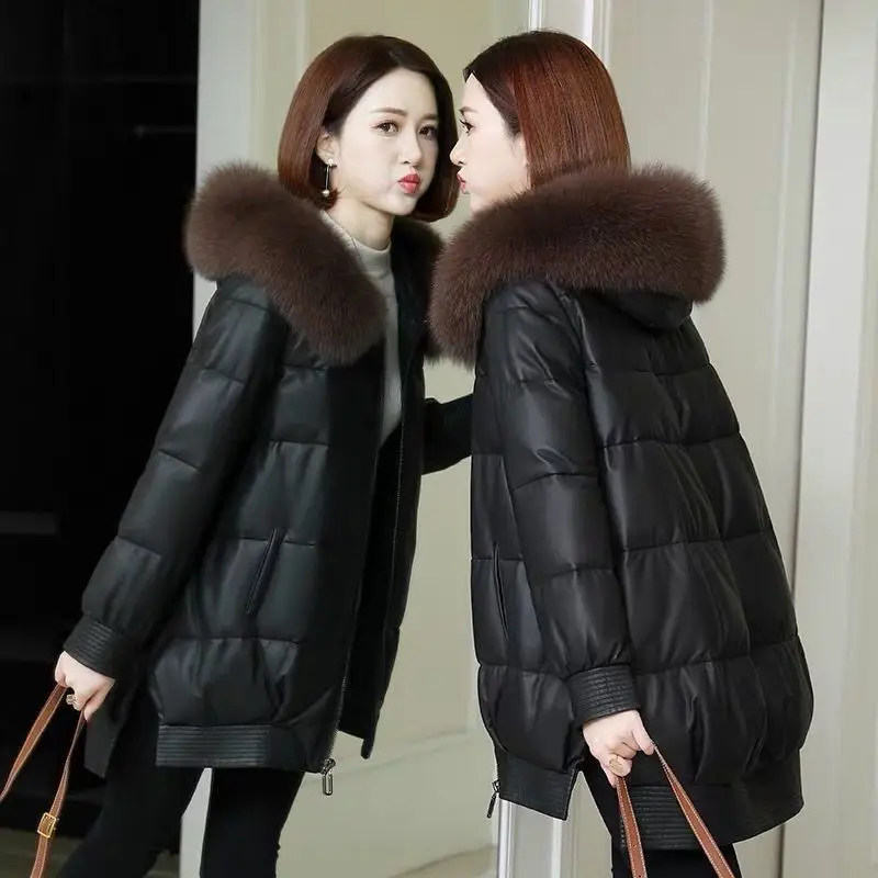 

Women Leather Jacket 2020 New Winter Jackets Parkas Warm Coat Female Jacket Fur Collar Hooded Parka Cotton Padded Outwear P973