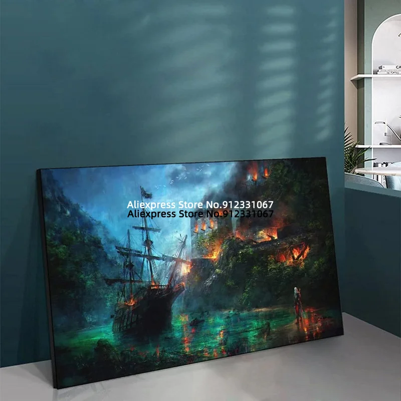 Игровой плакат сжигающий замок Кредо Убийцы корабль вода печать картин