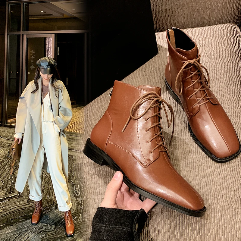 INS/Лидер продаж женские ботильоны из натуральной кожи воловьей с квадратным