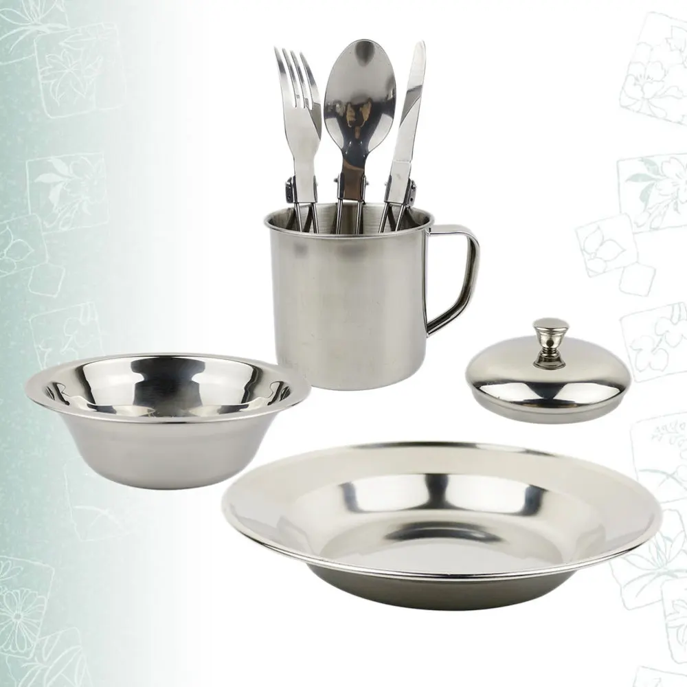 

1 Set of Stainless Steel Cookware Set 1-2 Person Portable Camping Tableware Combination(Silver)