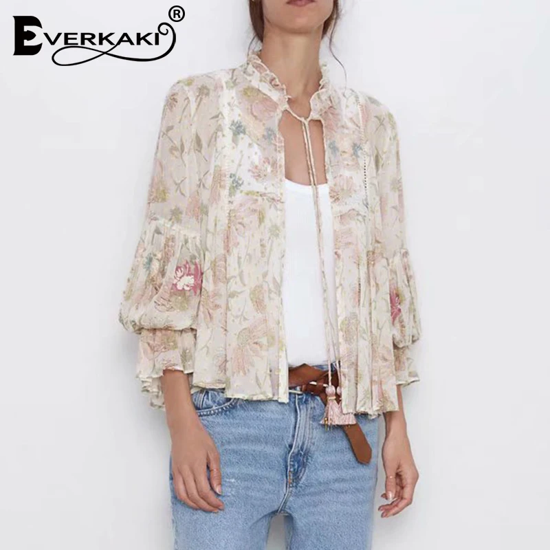 Everkaki Boho Цветочная блузка с принтом топы женские рубашки шифоновые блузки