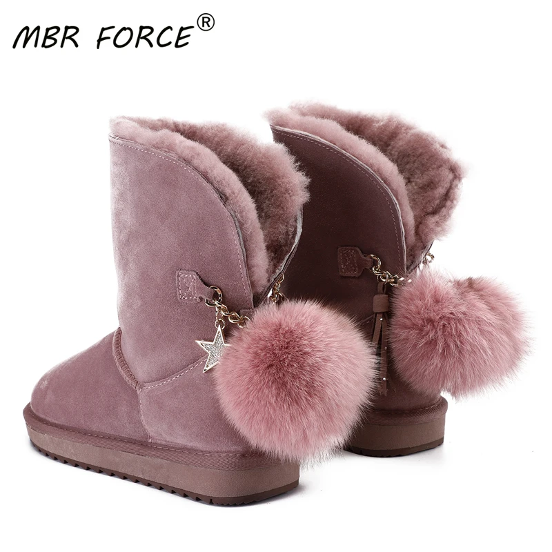 MBR FORCE new fashion Cowhide Leather Wool Fur Lined Suede Casual Winter Boots for Women Snow Fox Pom-pom Star Tassels | Обувь