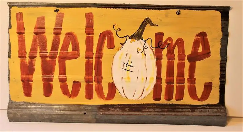 

Mustard Welcome Hand Painted Tin Sign