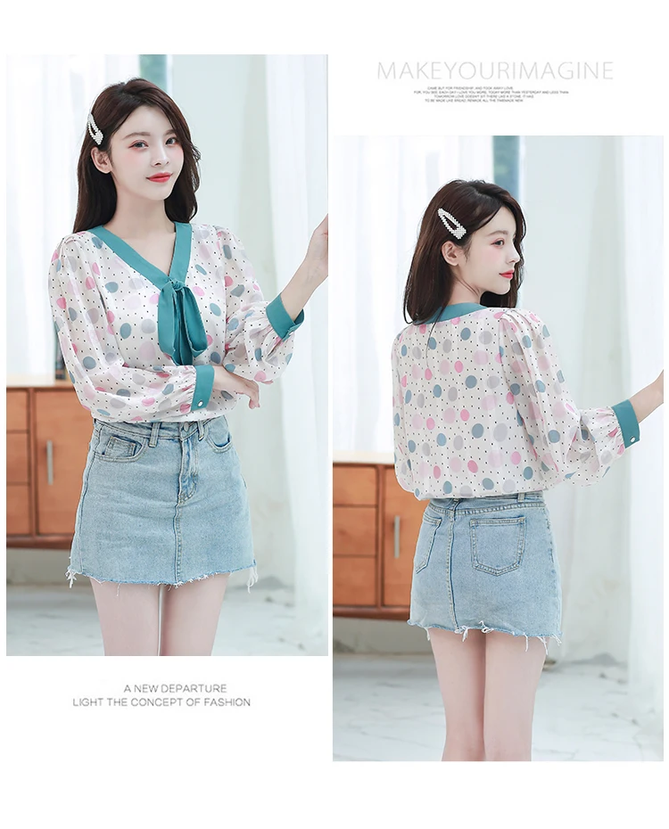 

Houthion Chiffon Women's Blouses Silk Polka Dot Shirt Casual Long Sleeve Top Fashion Blouse Loose Summer V-Neck Blusas