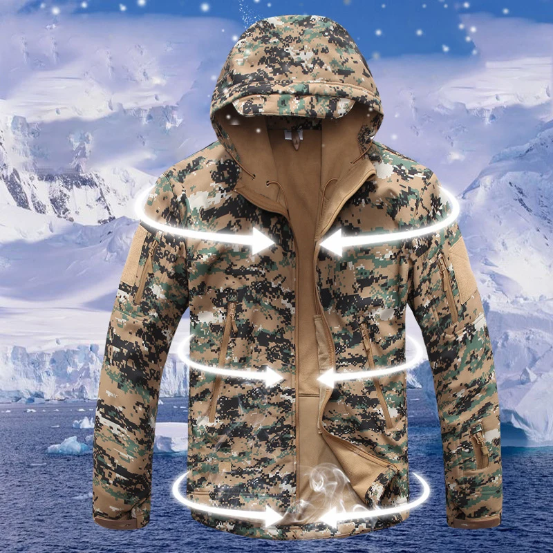 Outdoor Men Softshell Tactical Military Training Fleece Lined Jacket with Hood Woodland Digital Camouflage | Спорт и развлечения