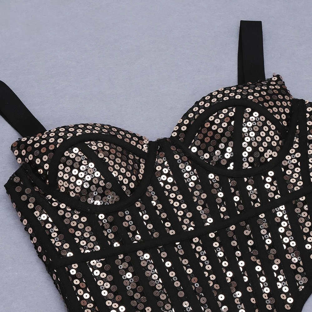 

Women Hot Fashion Sexy V Neck Sequins Glitter Black Two Pieces Bandage Set 2021 Elegant Designer High Street Party Womens Set