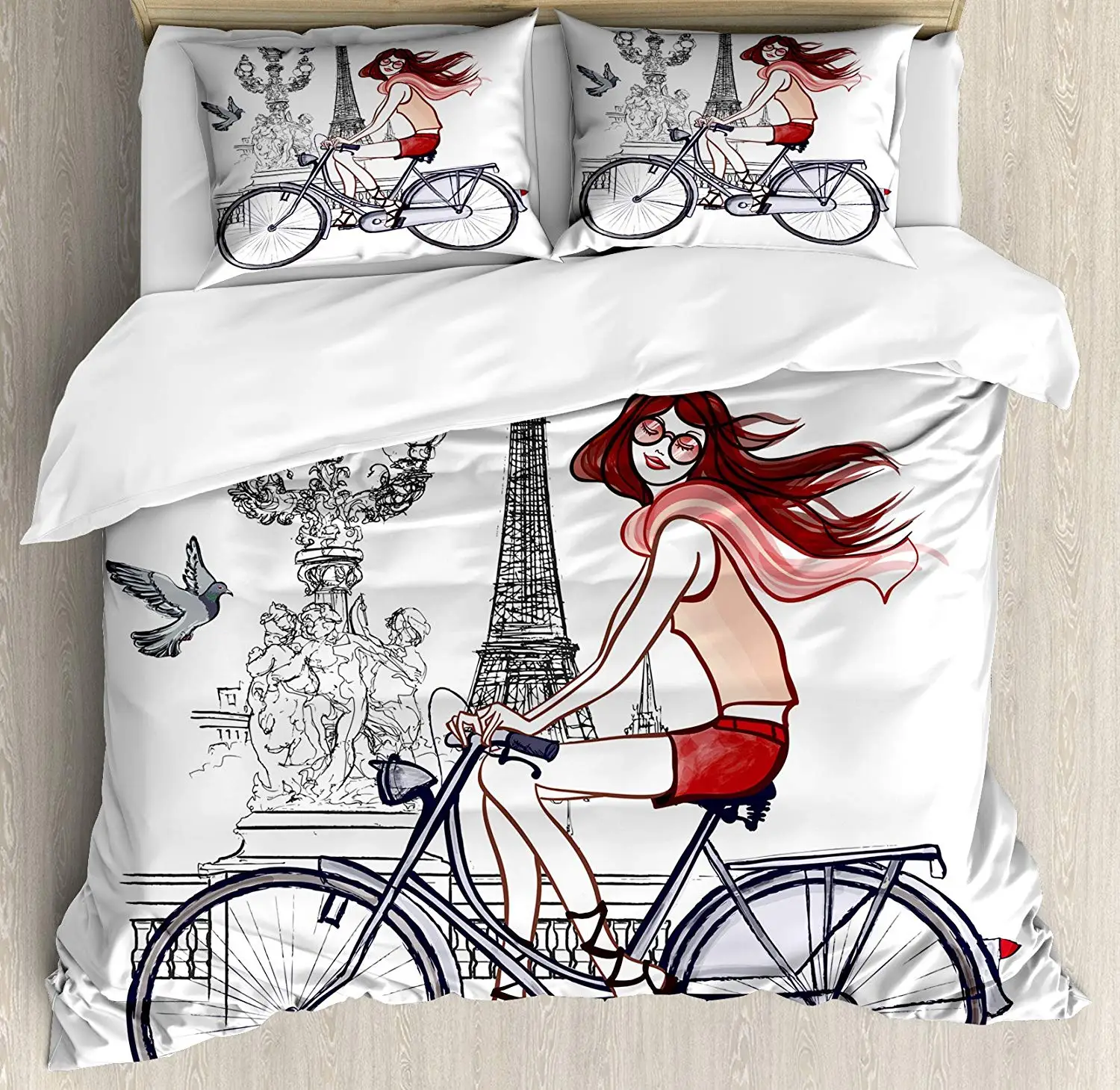 Eiffel Tower Duvet Cover Set Illustration of a Woman on Alexander III Bridge in Paris Riding a Bike Decorative 3 Piece Bedding