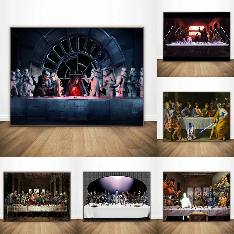 

Disney Star Wars Last Supper Canvas Painting Wall Art Funny Famous Painting Recreation Poster Prints For Home Decor Cuadros