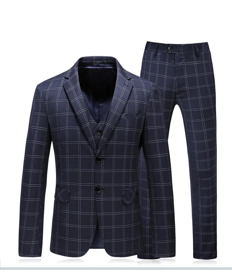 Мужской костюм темно синий клетчатый приталенный Свадебный для мужчин одежда