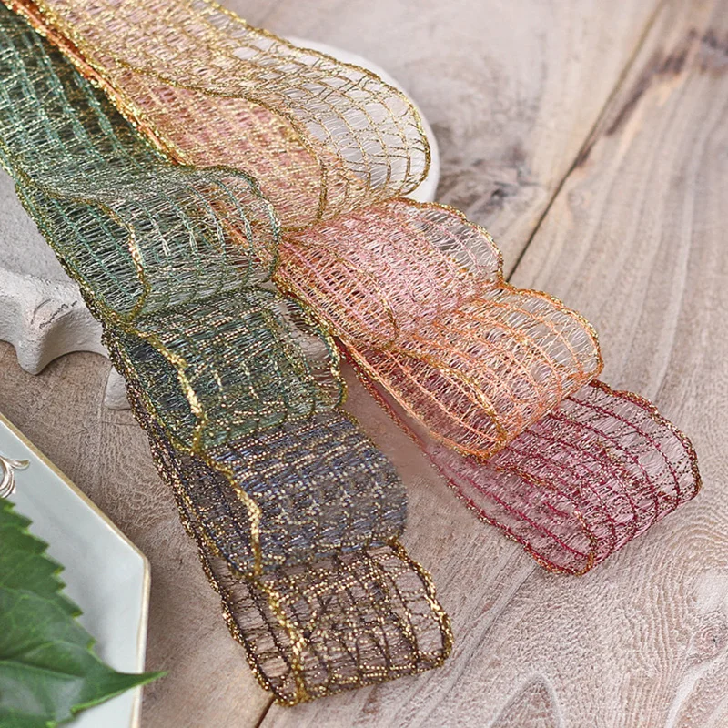 

5yards/lots Glitter Gold Wire Mesh Striped Ribbon for DIY Hair Bow Accessories Gift Bouquet Packaging Sewing Material
